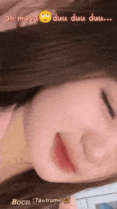 a close up of a woman 's face with the words ah masa duu duu duu written above her