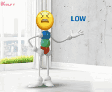 a cartoon character with a smiley face on his head and the word low below him