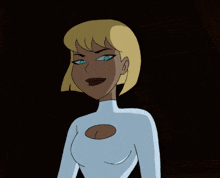 a cartoon character with blonde hair and blue eyes is wearing a white dress and a gold necklace