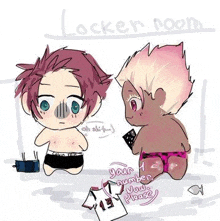 a drawing of a boy and a girl in locker room .