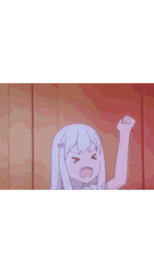 a cartoon girl is scratching her face with her hand .