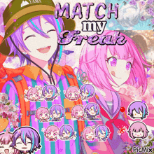a couple of anime characters standing next to each other with the words match my freak on top