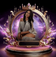 a woman in a sweater and knee high socks sits in a gold frame with a crown on her head