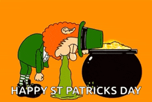 a leprechaun is throwing up from a pot of gold .