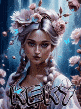 a painting of a woman with flowers in her hair has the name keky on the bottom