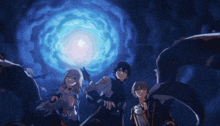 a group of anime characters are standing in front of a large blue light