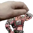 a pixel art of a hand holding a cartoon character 's head .