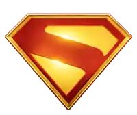a red and yellow superman emblem with a gold frame