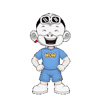 a cartoon character is wearing a blue shirt that says wow