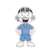 a cartoon character is wearing a blue shirt that says wow