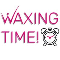 a sign that says waxing time with an alarm clock in the corner