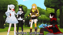 a group of anime characters standing next to each other with the words " ladies , ladies ... " above them
