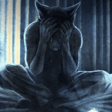 a painting of a person covering their face