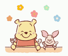 winnie the pooh and piglet are sitting at a table eating with forks and spoons .