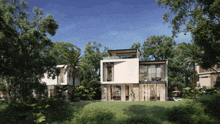 an artist 's impression of a modern house surrounded by trees and grass