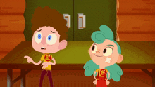 a boy and a girl are standing next to each other with one wearing a shirt that says i love camp