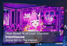 a computer monitor displays a cartoon character named ironmouse
