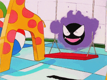 a cartoon scene with a giraffe and a purple ghost