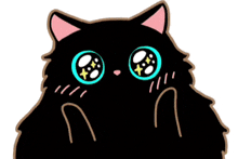 a black cat with a pink ear and big blue eyes