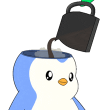 a cartoon of a penguin being poured coffee into its head
