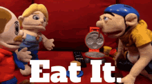 a group of stuffed animals sitting on a red couch with the words " eat it " written on the bottom