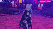 a girl with long black hair is holding a gun in front of a castle .