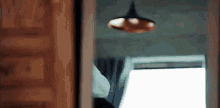 a person is standing in front of a window in a room with a pendant light hanging from the ceiling .