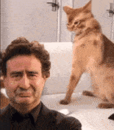 a man in a suit is crying while a cat looks on
