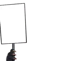 a hand with claws is holding a sign with a white background