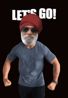a man with a beard wearing a red beanie and sunglasses says " let 's go "
