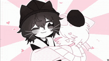 a drawing of a person hugging a cat with a pink background and hearts