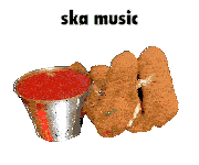a stack of mozzarella sticks next to a cup of tomato sauce with the words ska music above it