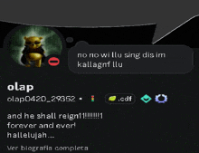 a screenshot of a person 's profile that says " no no willu sing dis im kallagnf llu "