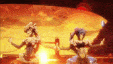 two anime girls are dancing together in front of a bridge