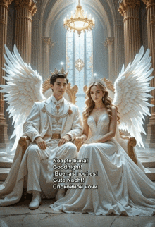 a man and a woman with wings are sitting on a throne with the words noapte buna goodnight