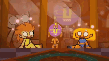 a group of cartoon characters are sitting in a room with a purple mask on their faces .