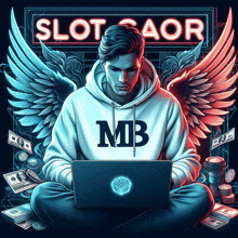 a man with wings is using a laptop under a sign that says slot & aor