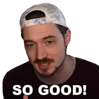 a man with a beard wearing a hat says so good