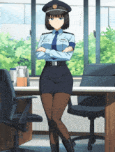 a woman in a police uniform stands in front of a desk with her arms crossed