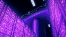 a man stands on a bridge in a purple room
