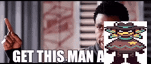 a man is pointing at a pixel art of a cowboy with the caption get this man a