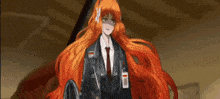 a girl with long red hair is wearing a black jacket and tie