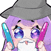 a cartoon of a girl with purple hair and a hat