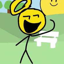 a stick figure with a smiley face on his head and a bench in the background