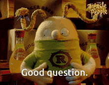 a cartoon character holding a bottle of ginger beer and the words good question