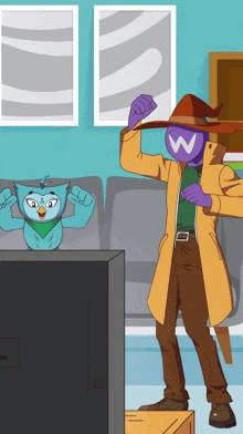 a cartoon of a man in a purple hat with the letter w on his head