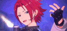 a red haired anime character with a microphone and gloves