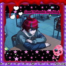 a picture of a boy in a classroom with the words good takumi morning
