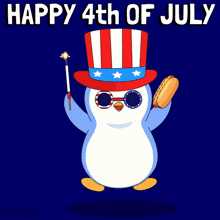 a penguin wearing an uncle sam hat and sunglasses holds a hot dog and fireworks