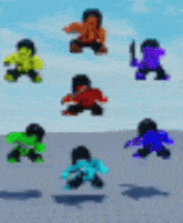 a group of cartoon characters are standing on a gray surface .